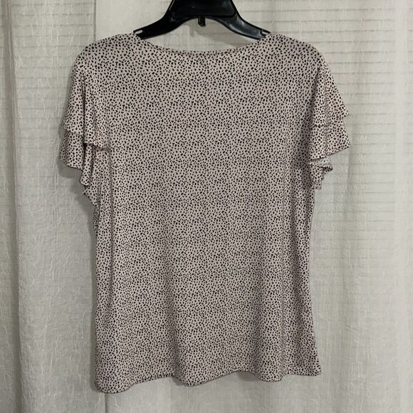 Adrianna Papell L Beige Black Spotted Double Short Flutter Sleeve Jersey Top - Picture 2 of 8